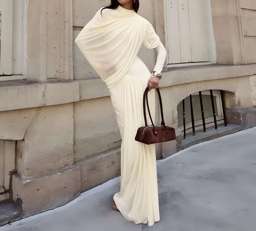 Long-Sleeve Crew Neck Plain Ruched Maxi Sheath Dress
