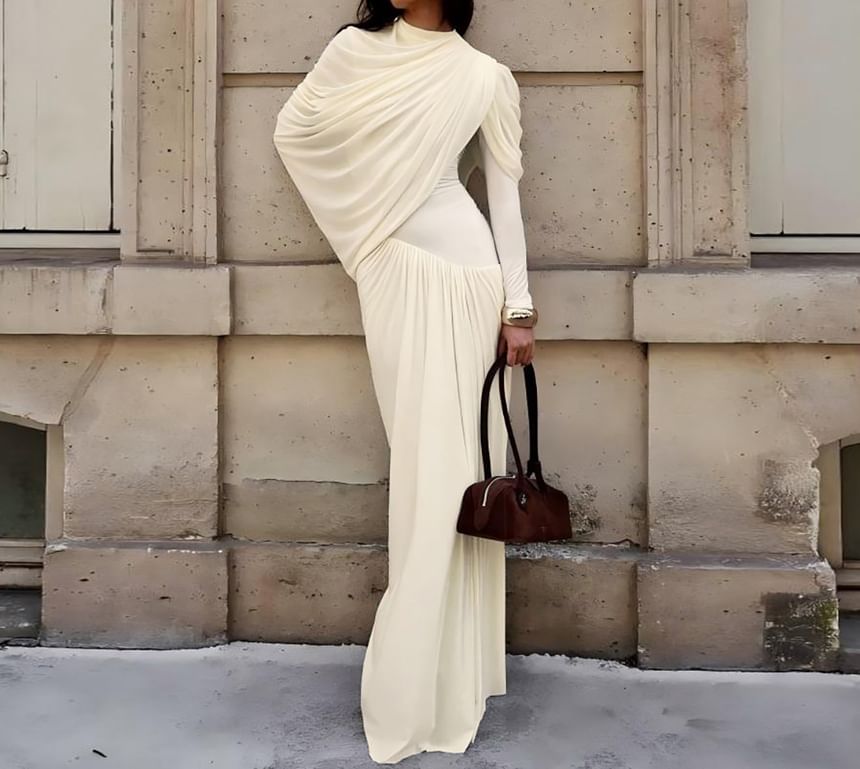 Long-Sleeve Crew Neck Plain Ruched Maxi Sheath Dress