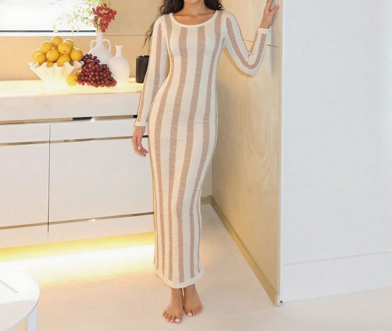 Long-Sleeve Round Neck Plain Open Back Distressed Maxi Sheath Knit Dress
