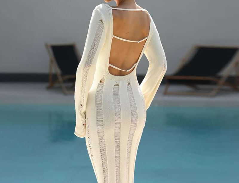 Long-Sleeve Round Neck Plain Open Back Distressed Maxi Sheath Knit Dress