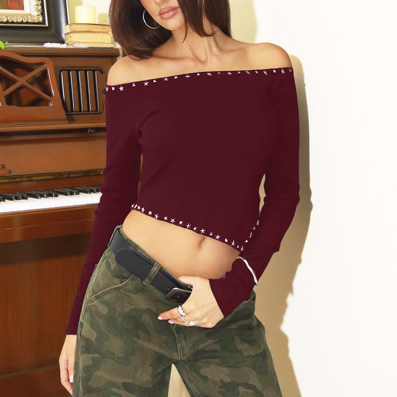 Slim-Fit Cropped Studded Off-Shoulder Tee with Long Sleeves