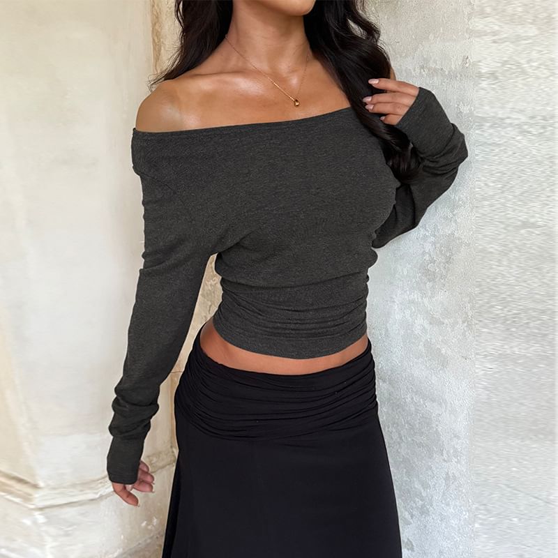 Cropped Off-Shoulder T-Shirt with Long Sleeves, Slim Fit, Solid Color