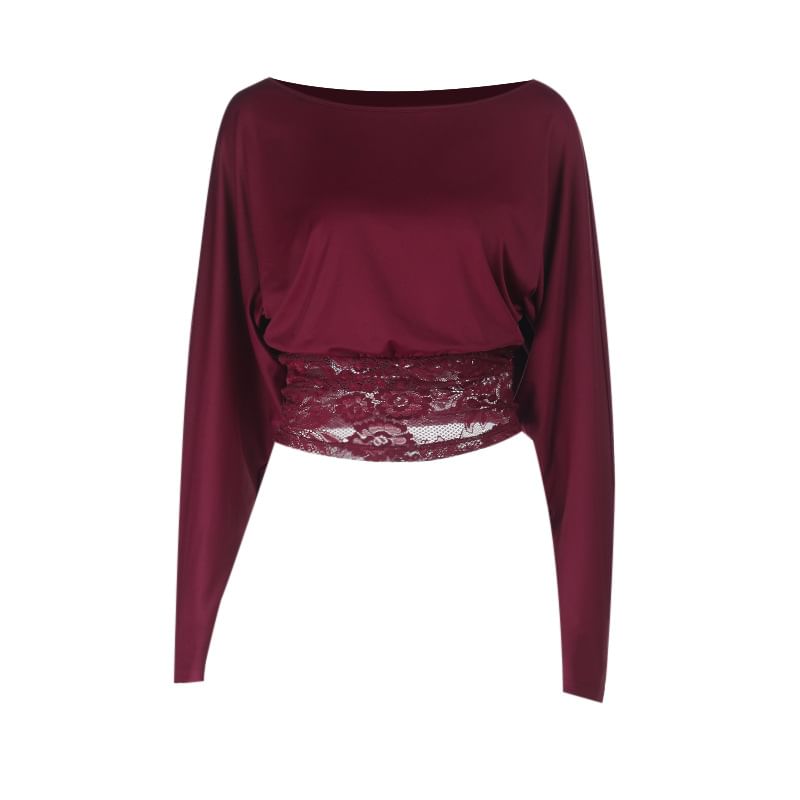Cropped Lace-Paneled Off-Shoulder Top with Long Sleeves, Slim Fit