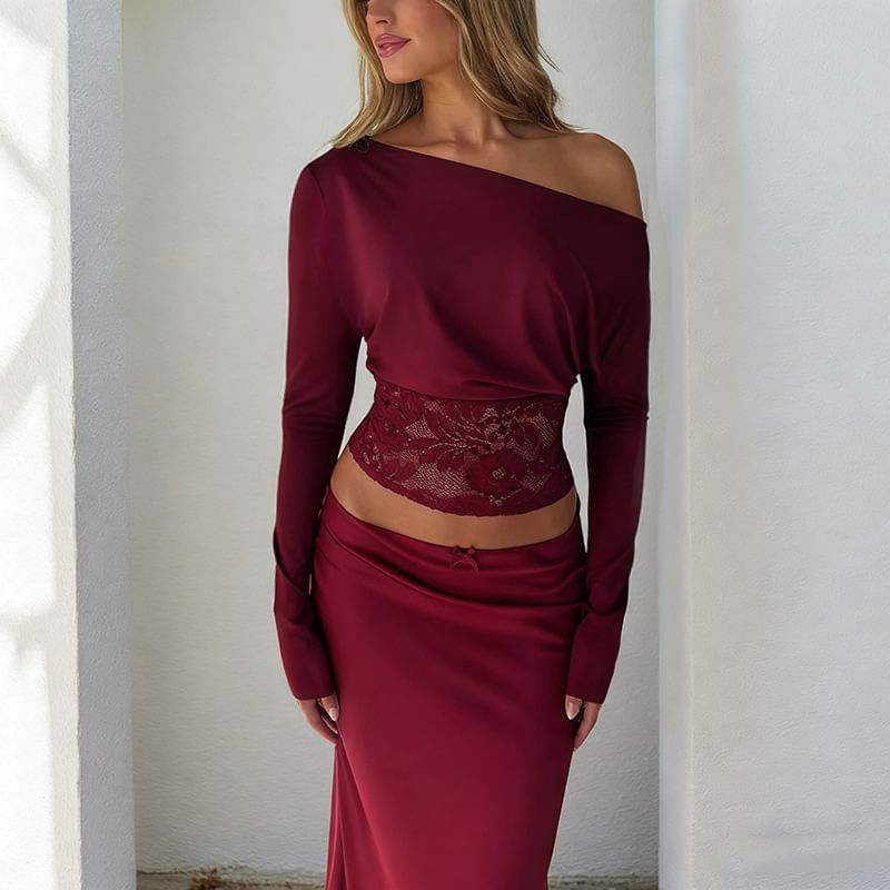 Cropped Lace-Paneled Off-Shoulder Top with Long Sleeves, Slim Fit