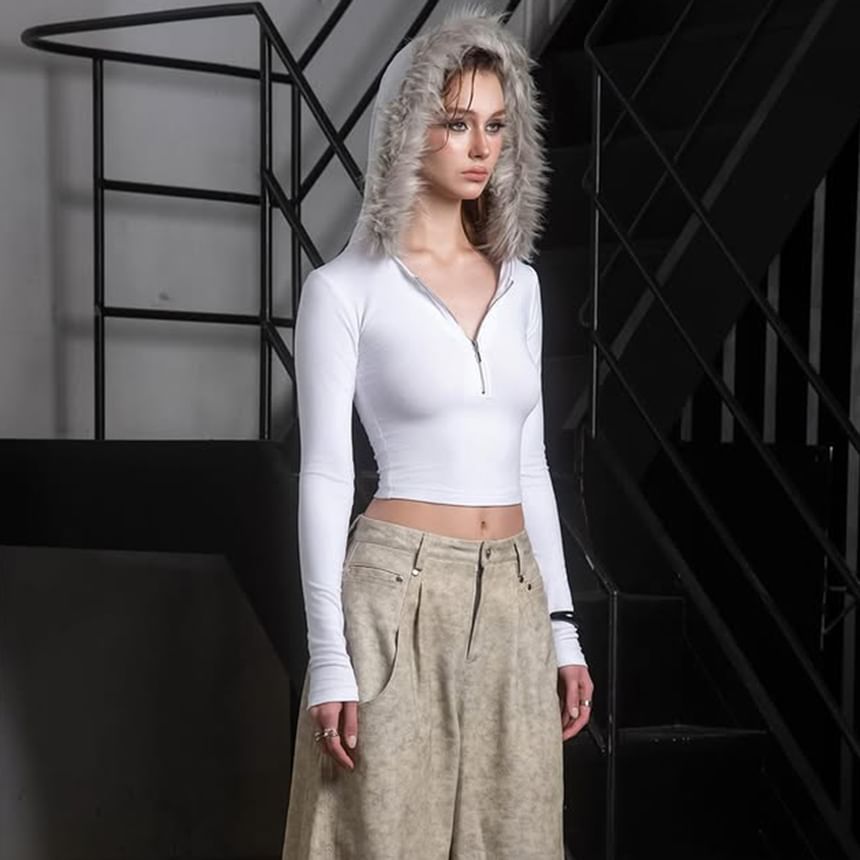 Fitted Hooded Pullover Top with Half-Zip and Furry Accents, Long Sleeved