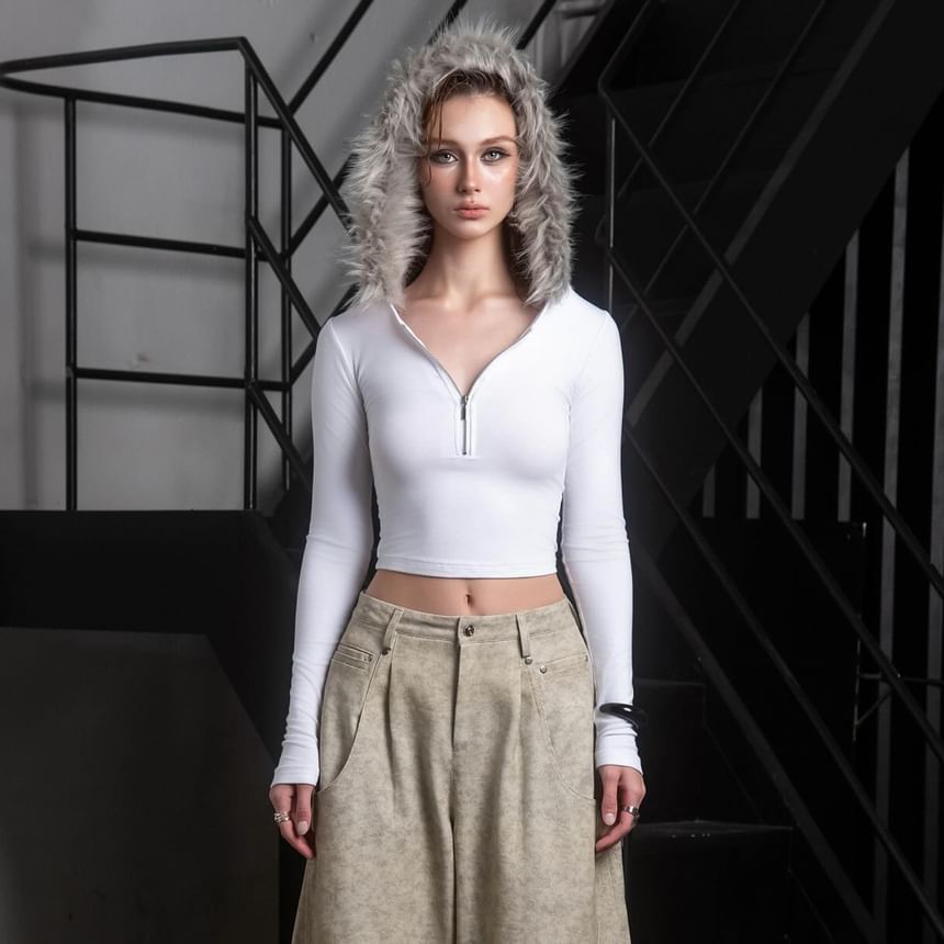 Fitted Hooded Pullover Top with Half-Zip and Furry Accents, Long Sleeved