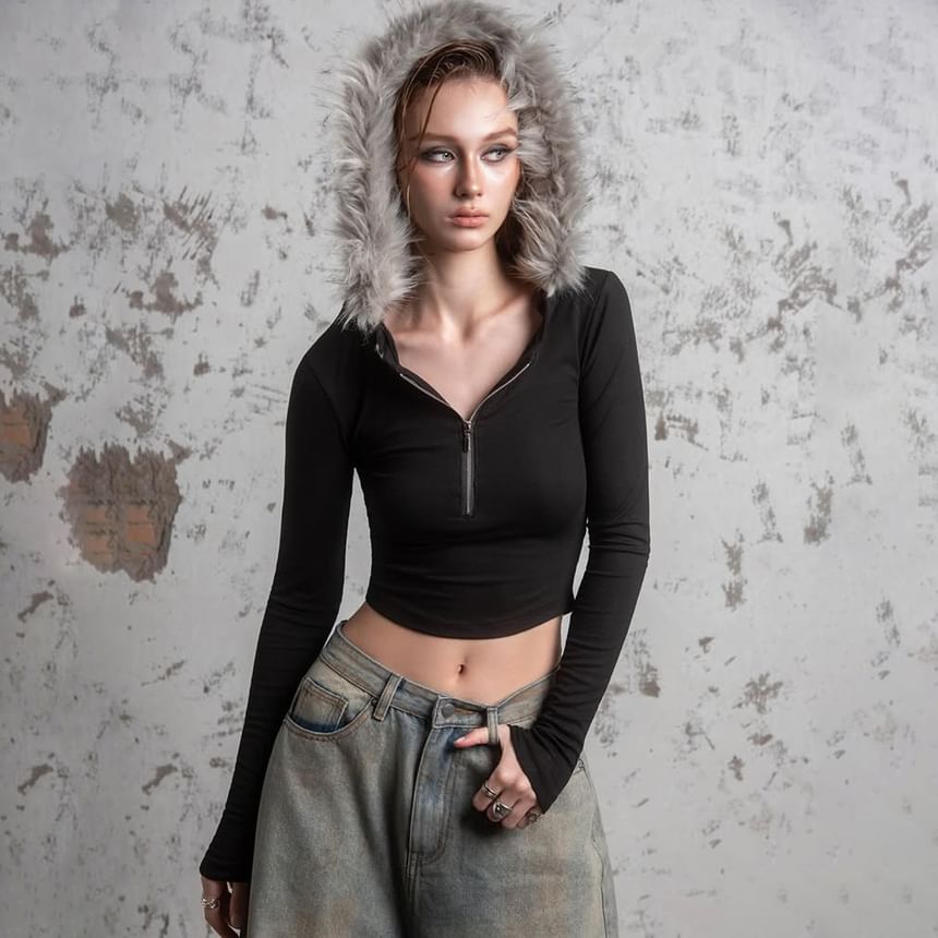 Fitted Hooded Pullover Top with Half-Zip and Furry Accents, Long Sleeved