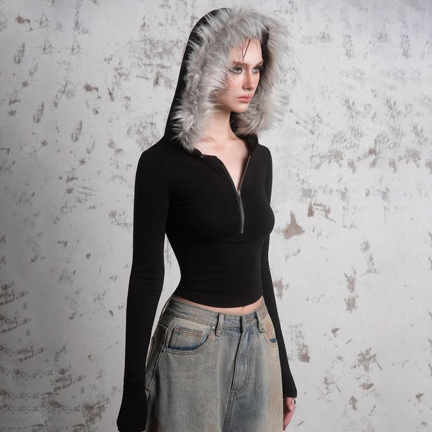 Fitted Hooded Pullover Top with Half-Zip and Furry Accents, Long Sleeved
