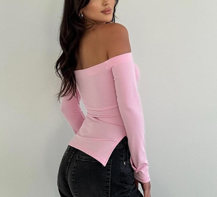 Slim-Fit Long-Sleeved T-Shirt with Off-Shoulder Design and Slit Detail