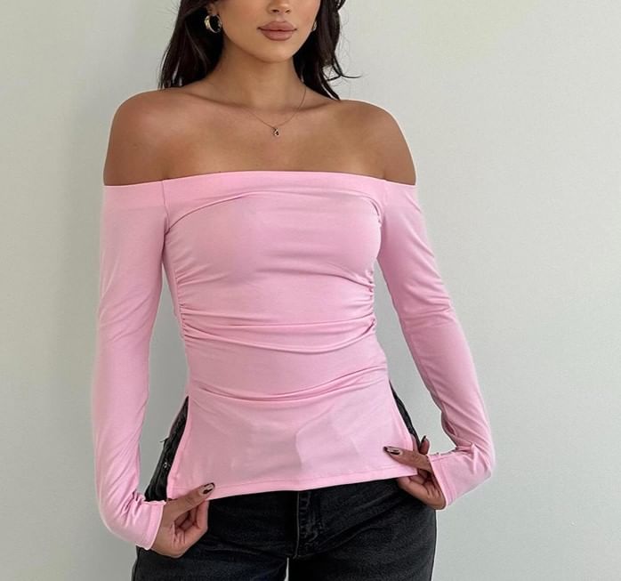 Slim-Fit Long-Sleeved T-Shirt with Off-Shoulder Design and Slit Detail