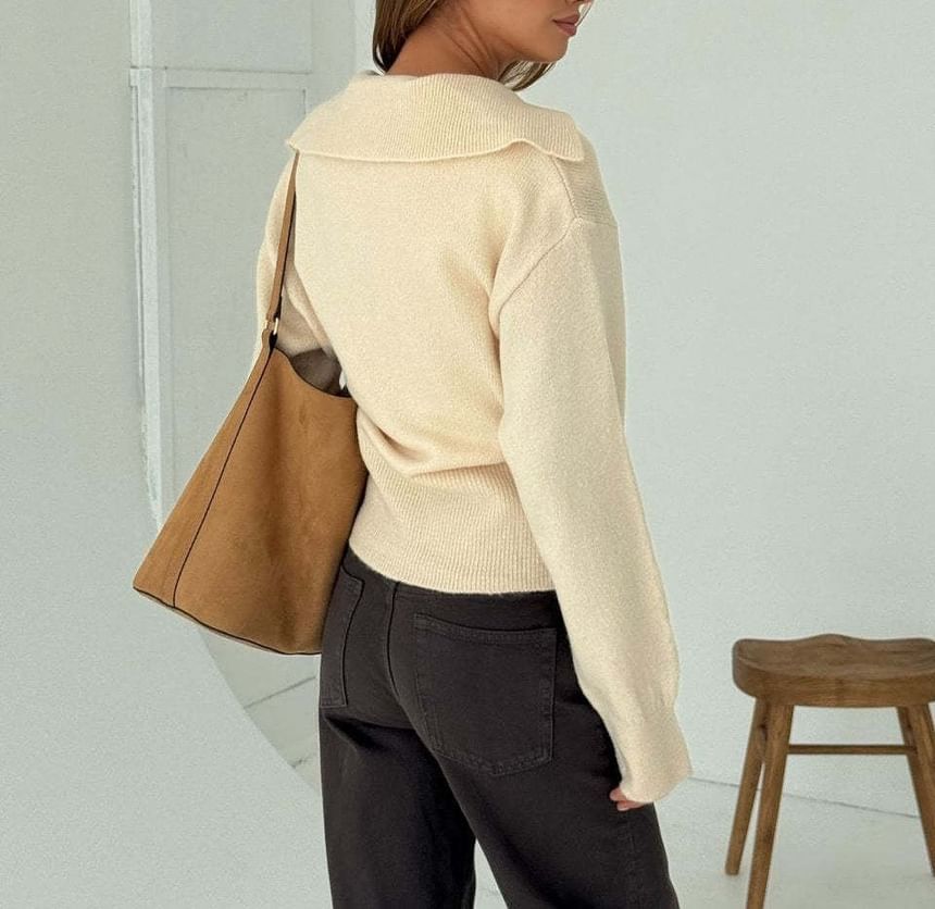 Plain Half Button Loose-Fit Long Sleeve Sweater