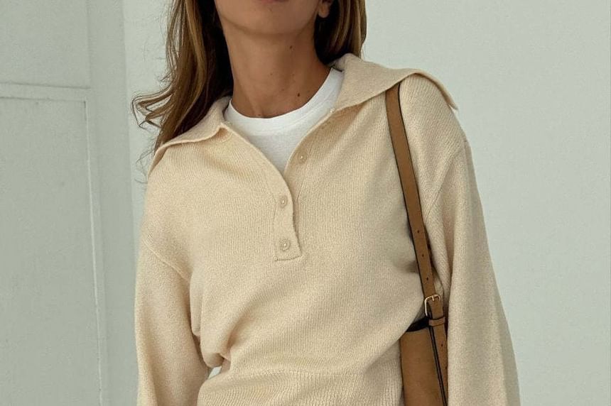 Plain Half Button Loose-Fit Long Sleeve Sweater