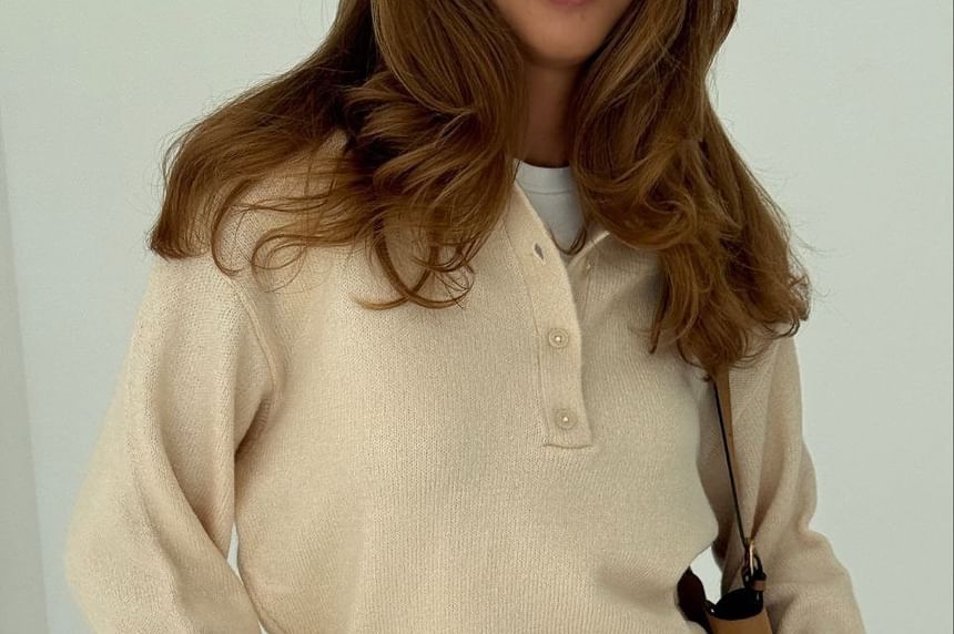 Plain Half Button Loose-Fit Long Sleeve Sweater