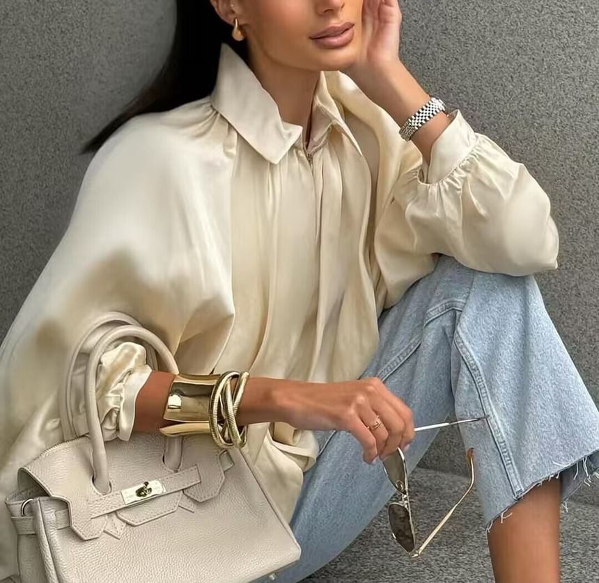 Plain Puff Sleeve Loose-Fit Blouse