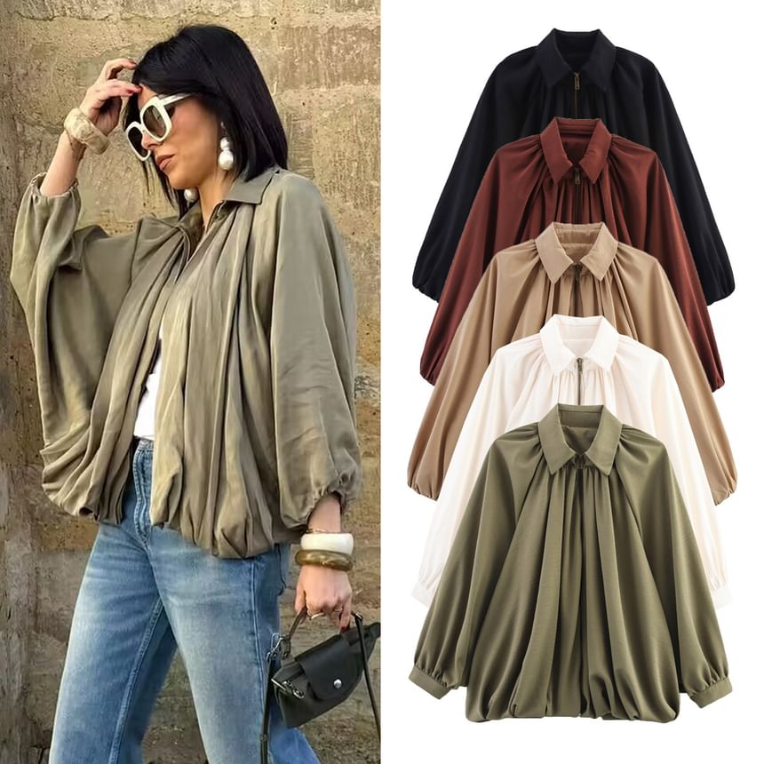 Plain Puff Sleeve Loose-Fit Blouse