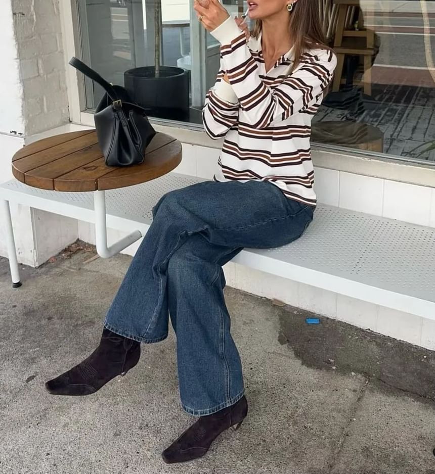Striped Loose-Fit Long Sleeve Polo Top