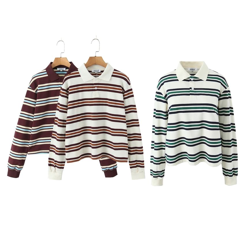 Striped Loose-Fit Long Sleeve Polo Top