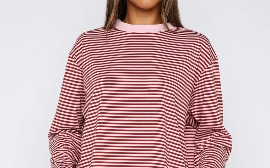 Striped Crew Neck Loose-Fit Long Sleeve T-Shirt