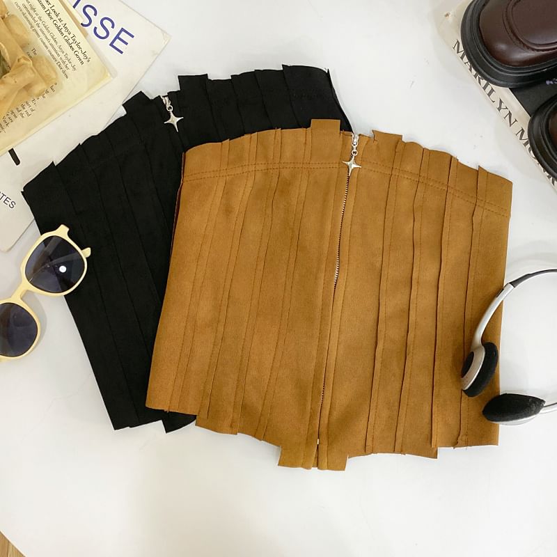 Faux Suede Asymmetrical Zip-Front Cropped Tube Top