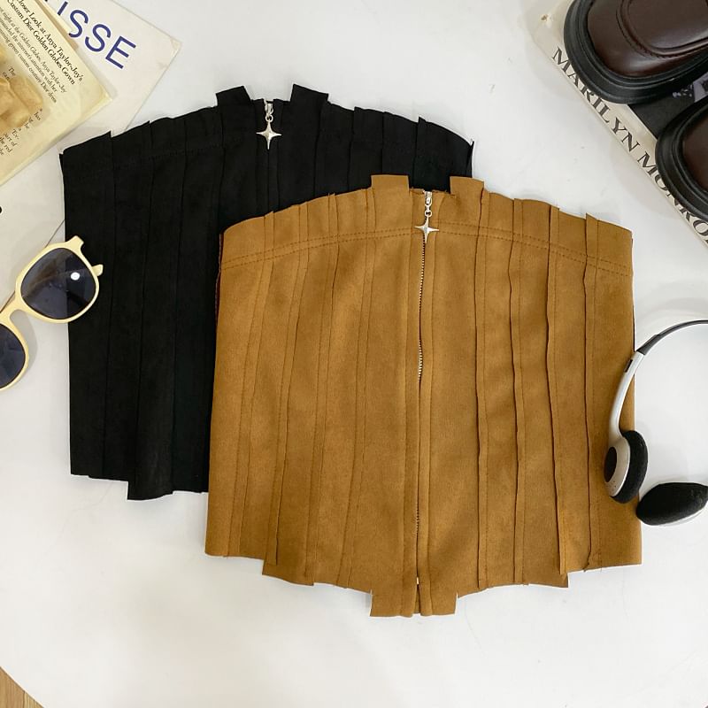 Faux Suede Asymmetrical Zip-Front Cropped Tube Top