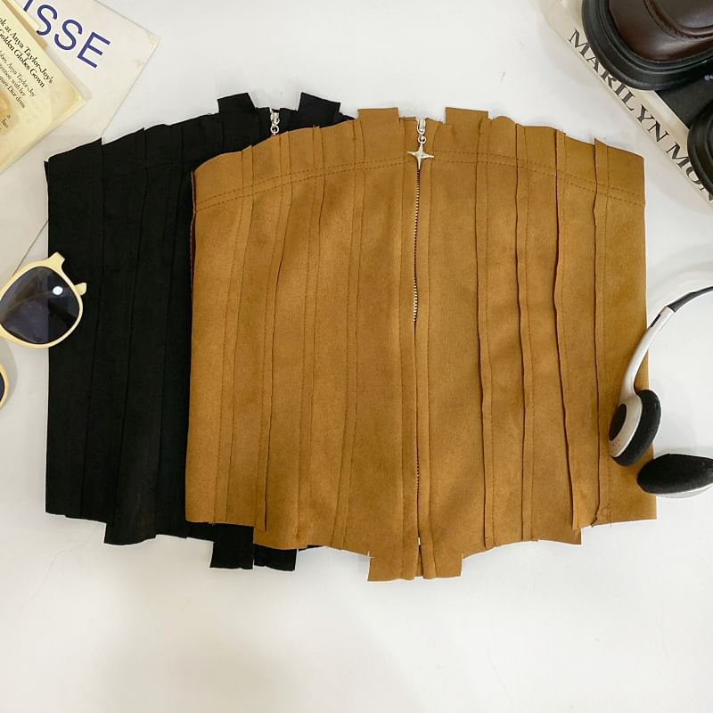 Faux Suede Asymmetrical Zip-Front Cropped Tube Top