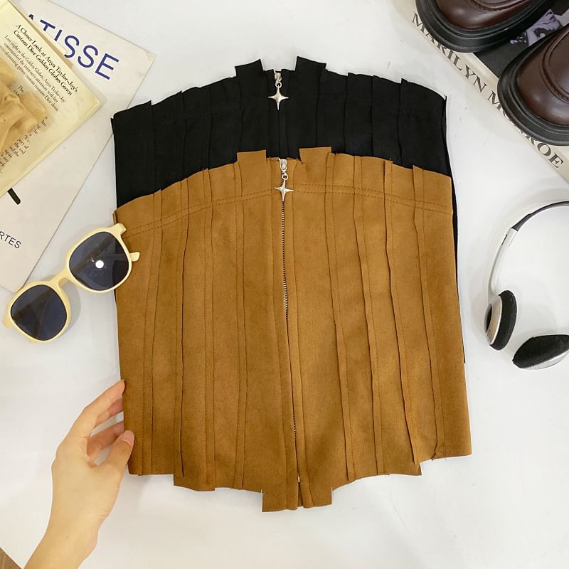 Faux Suede Asymmetrical Zip-Front Cropped Tube Top