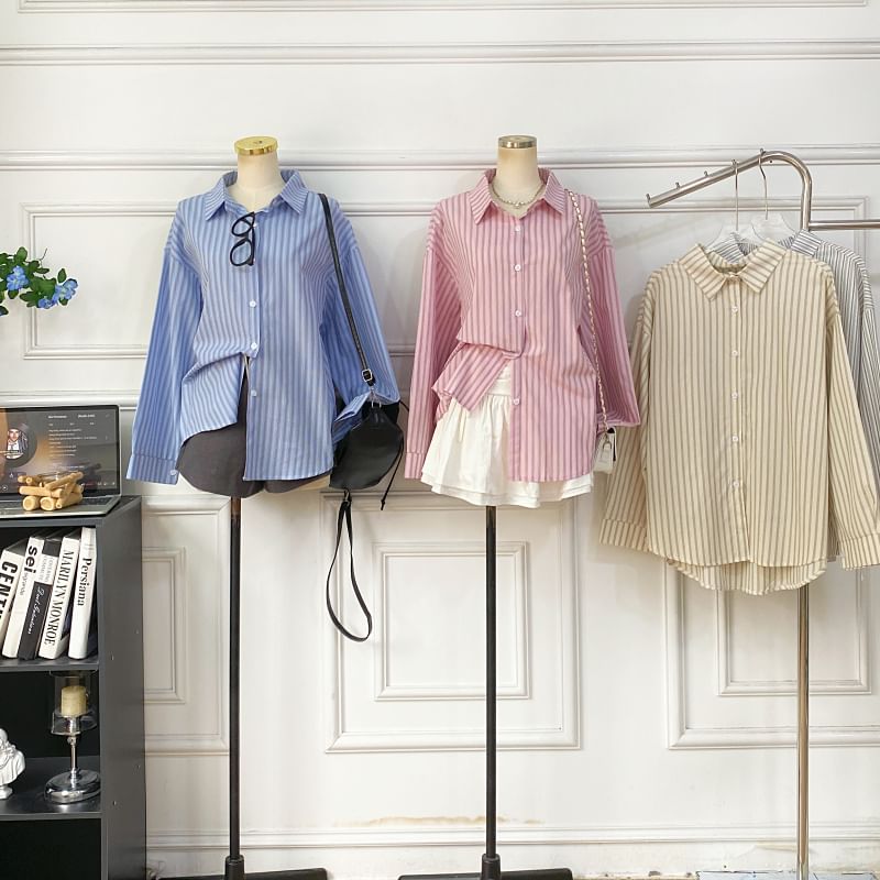 Button-Front Striped Shirt with Long Sleeves