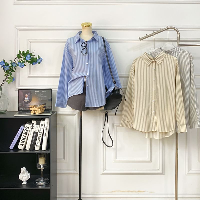 Button-Front Striped Shirt with Long Sleeves