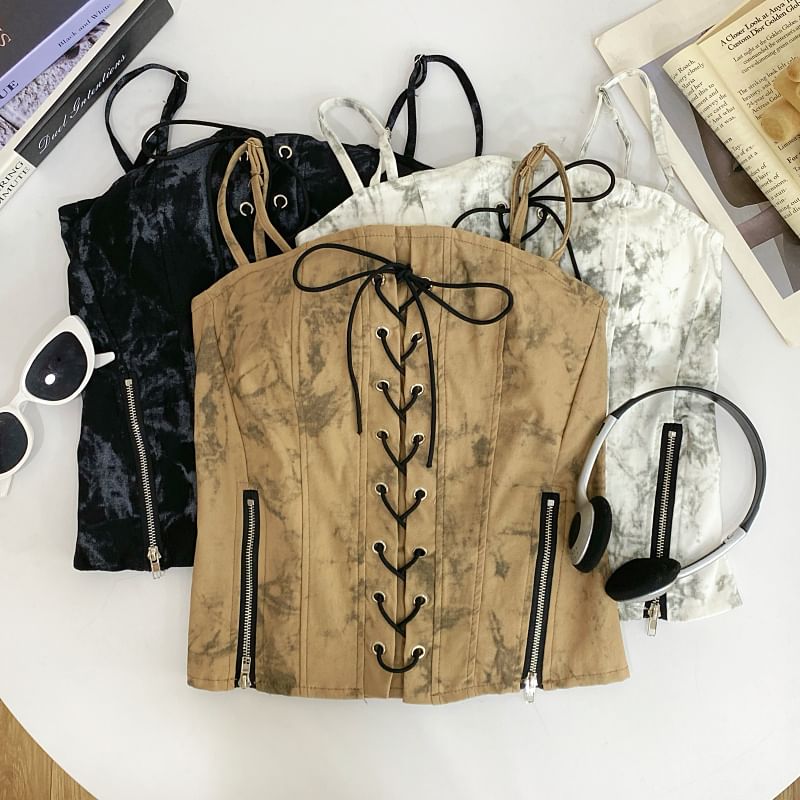 Tie Dye Zip Slit Lace-Up Cropped Camisole Top