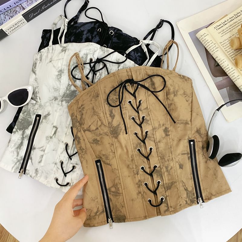 Tie Dye Zip Slit Lace-Up Cropped Camisole Top