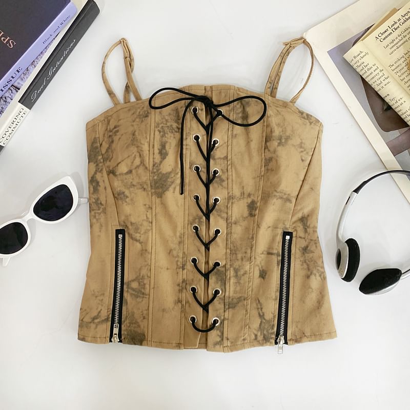 Tie Dye Zip Slit Lace-Up Cropped Camisole Top