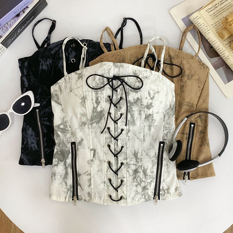 Tie Dye Zip Slit Lace-Up Cropped Camisole Top