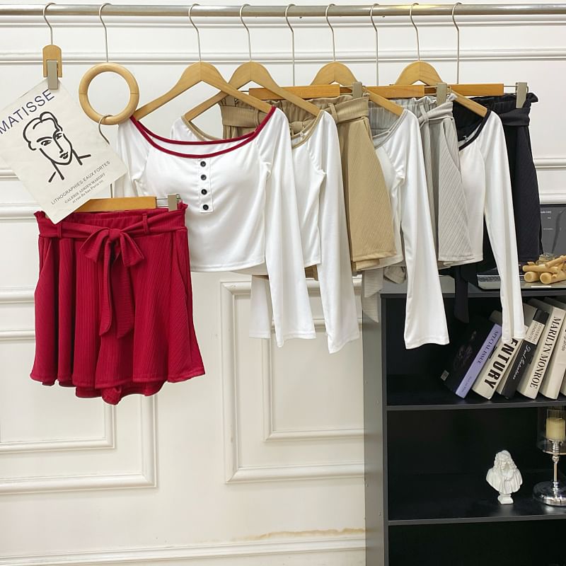 Off-Shoulder Padded Crop Tee & High Waist Wide Leg Shorts Set