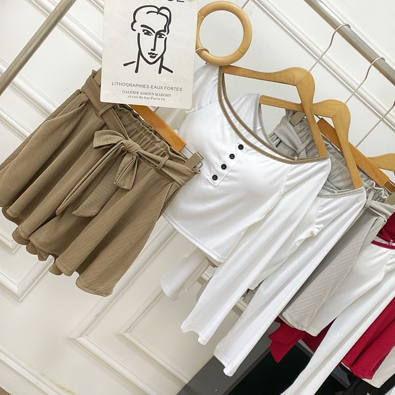 Off-Shoulder Padded Crop Tee & High Waist Wide Leg Shorts Set