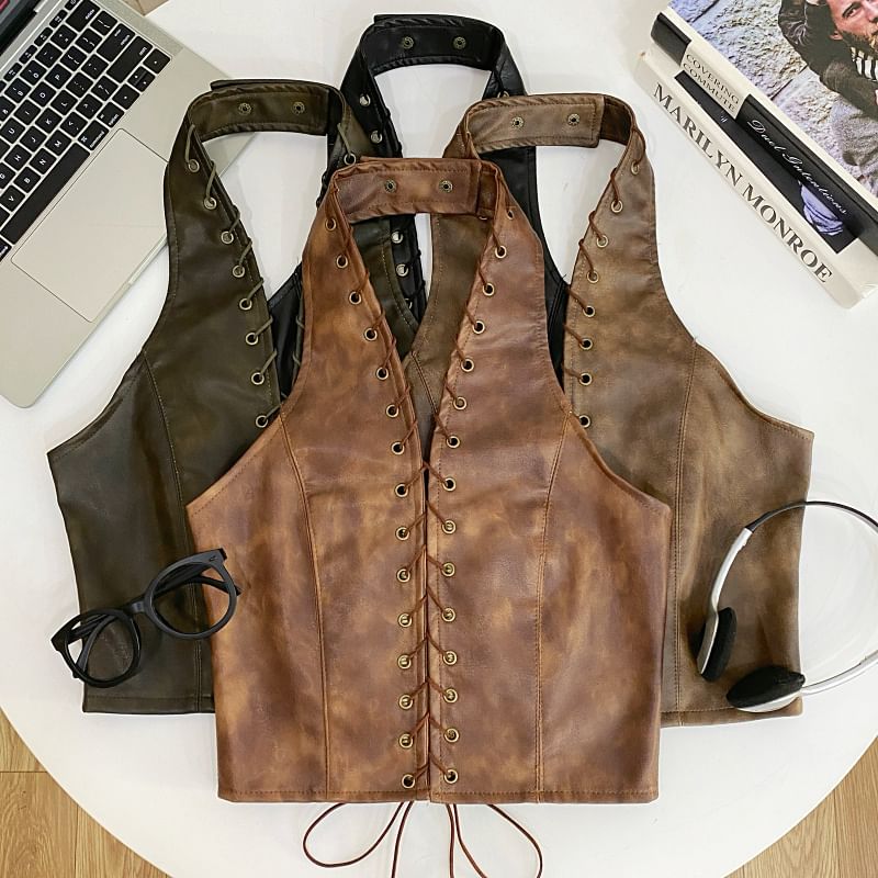 Halter V-Neck Lace-Up Open Back Faux Leather Crop Top