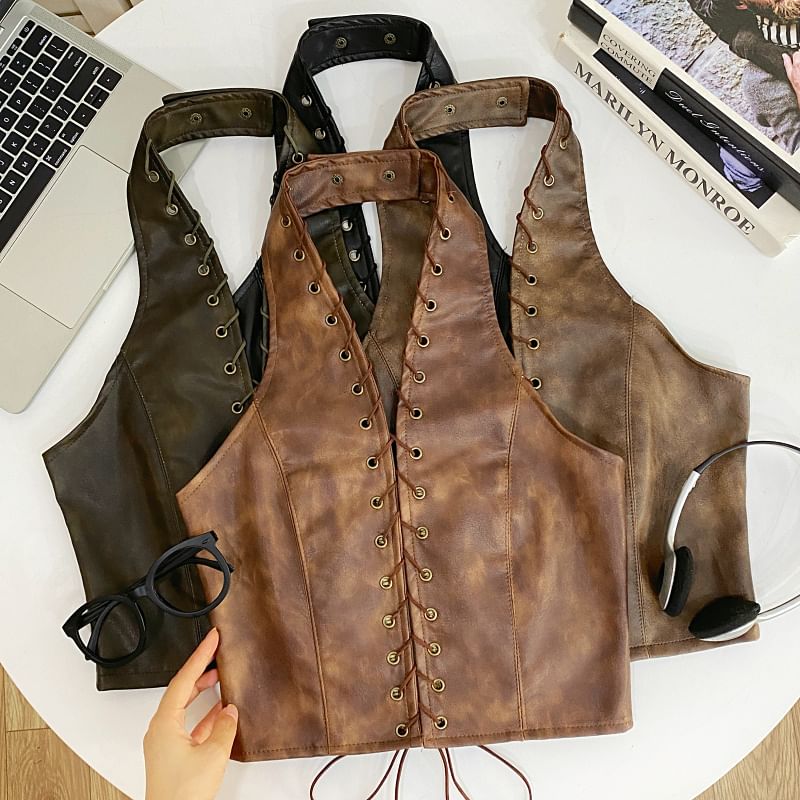 Halter V-Neck Lace-Up Open Back Faux Leather Crop Top