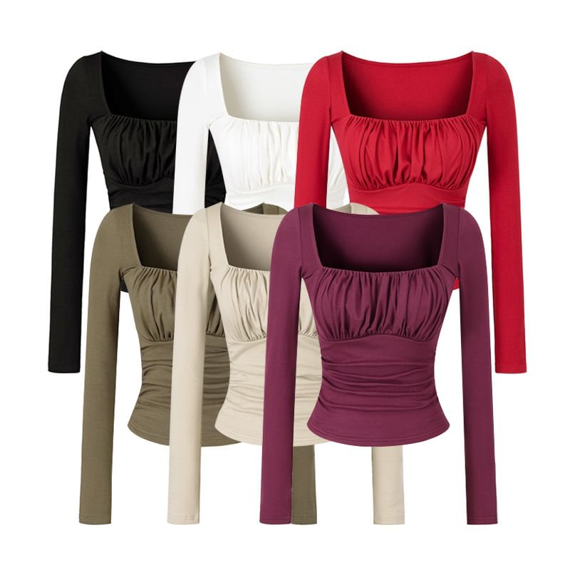 Square Neck Ruched Slim Fit Cropped T-Shirt Long Sleeve