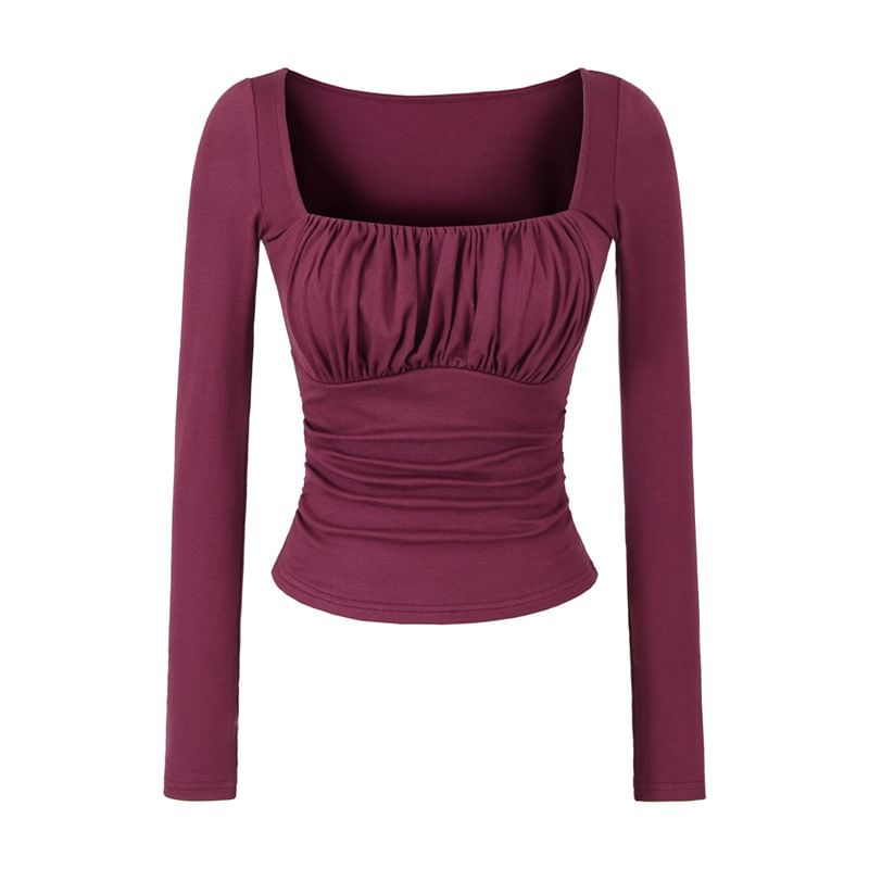 Square Neck Ruched Slim Fit Cropped T-Shirt Long Sleeve