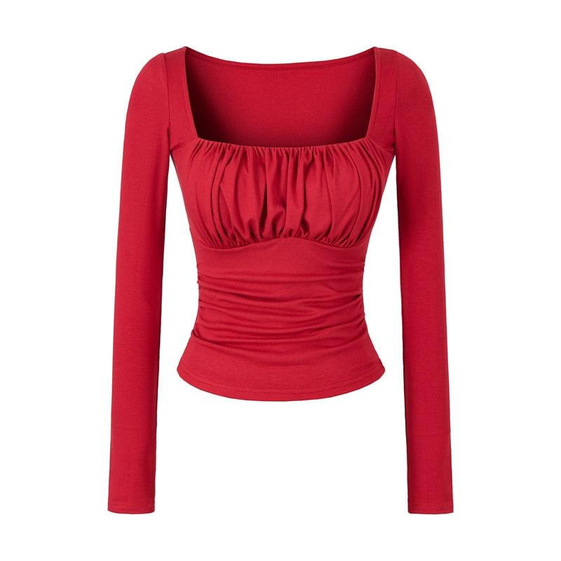 Square Neck Ruched Slim Fit Cropped T-Shirt Long Sleeve