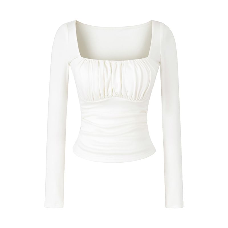 Square Neck Ruched Slim Fit Cropped T-Shirt Long Sleeve