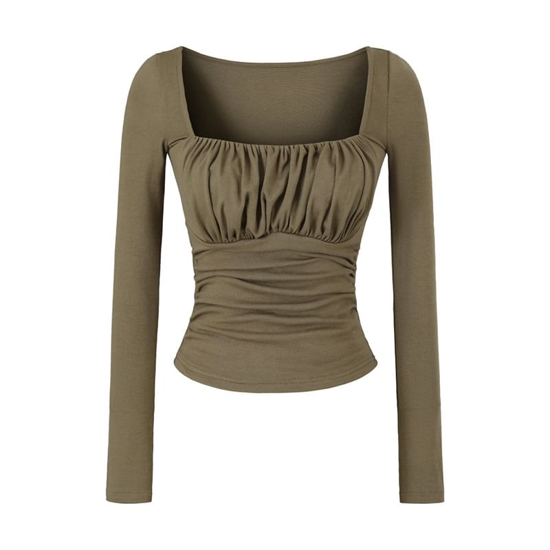 Square Neck Ruched Slim Fit Cropped T-Shirt Long Sleeve