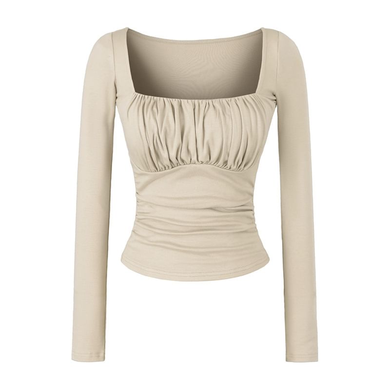 Square Neck Ruched Slim Fit Cropped T-Shirt Long Sleeve