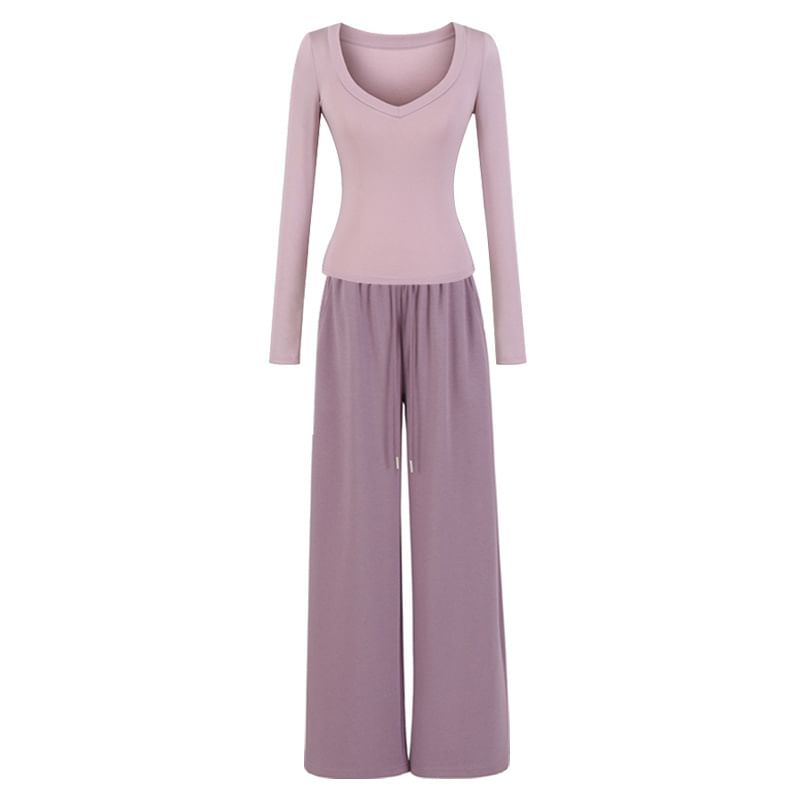 V-Neck Crop Tee & Wide Leg Sweatpants with Drawstring Set