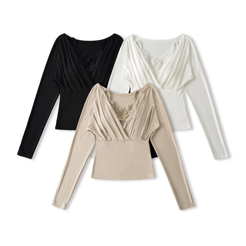 Ruched V-Neck Slim Top & Lace Panel Crop Cami Set Long Sleeve