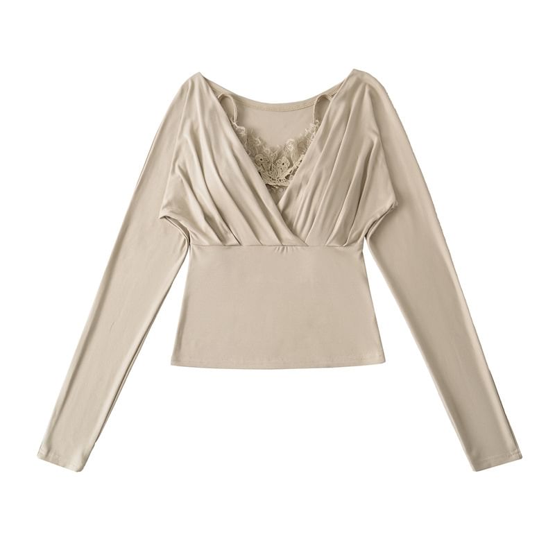 Ruched V-Neck Slim Top & Lace Panel Crop Cami Set Long Sleeve
