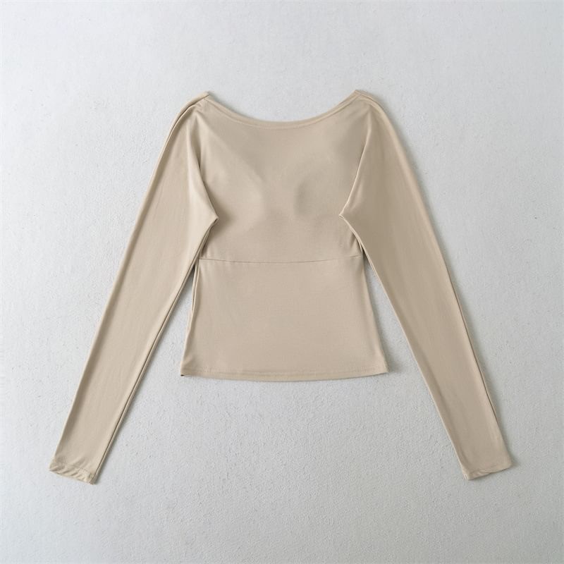 Ruched V-Neck Slim Top & Lace Panel Crop Cami Set Long Sleeve