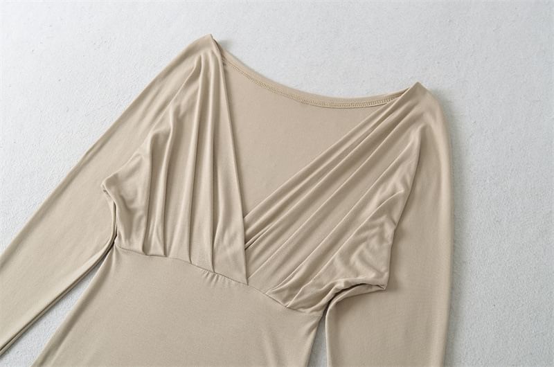 Ruched V-Neck Slim Top & Lace Panel Crop Cami Set Long Sleeve
