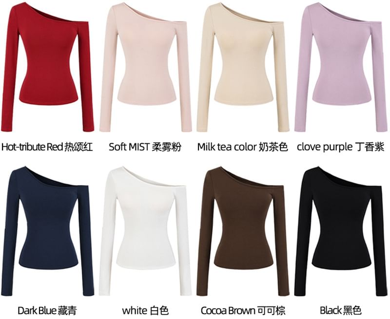 Off-Shoulder Solid Padded T-Shirt with Long Sleeves