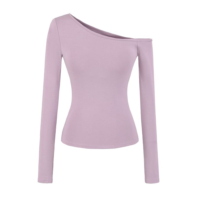 Off-Shoulder Solid Padded T-Shirt with Long Sleeves