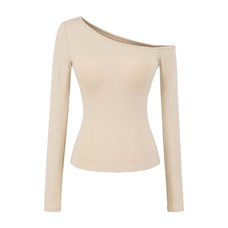 Off-Shoulder Solid Padded T-Shirt with Long Sleeves